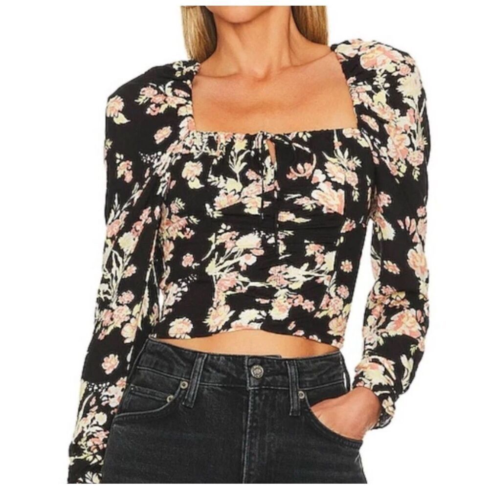 Free People Hilary Print Top Black‎ Combo Boho Floral Blouse Cropped L Large